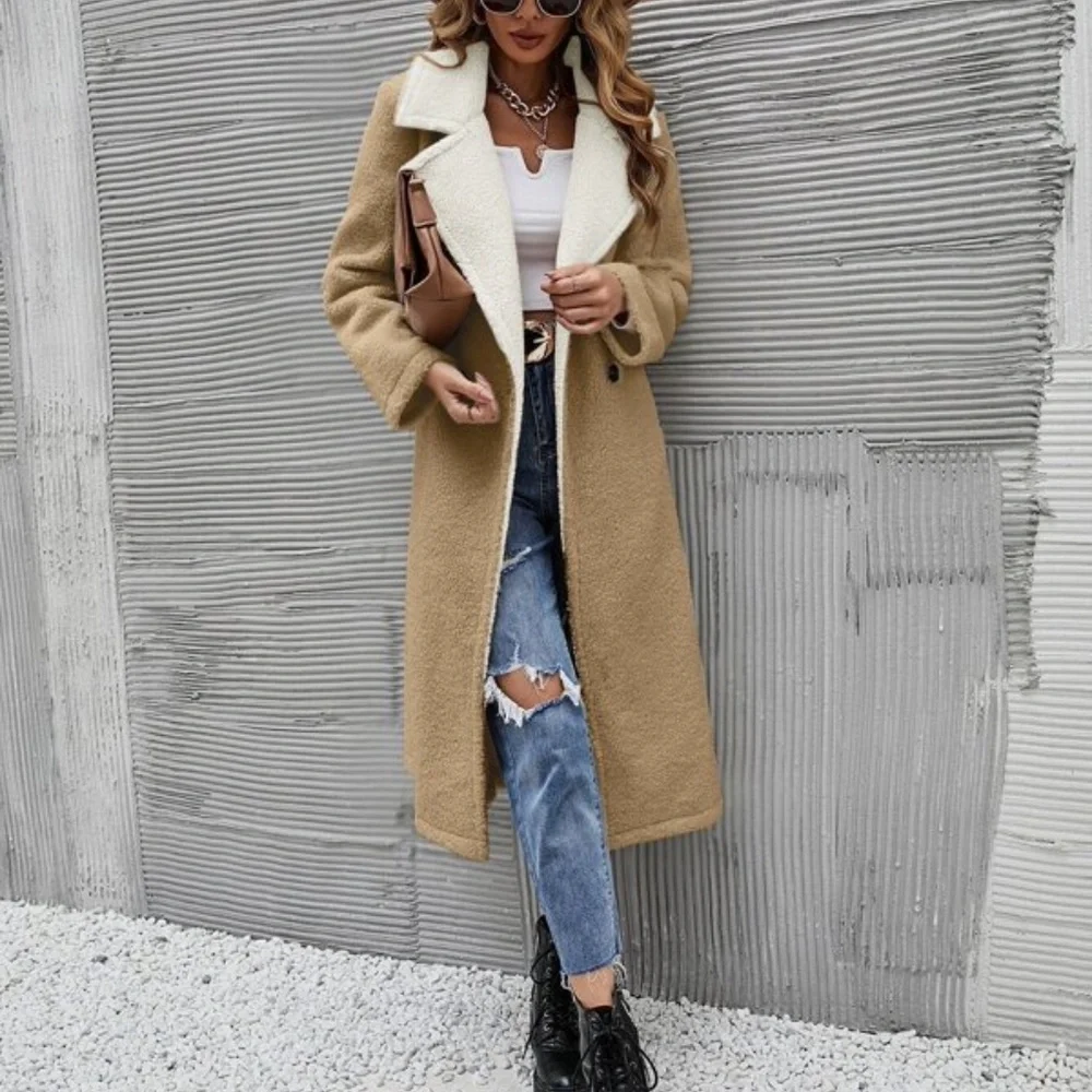 Cozy Khaki Teddy Long Coat Jacket Minimalist - Picture 2 of 12